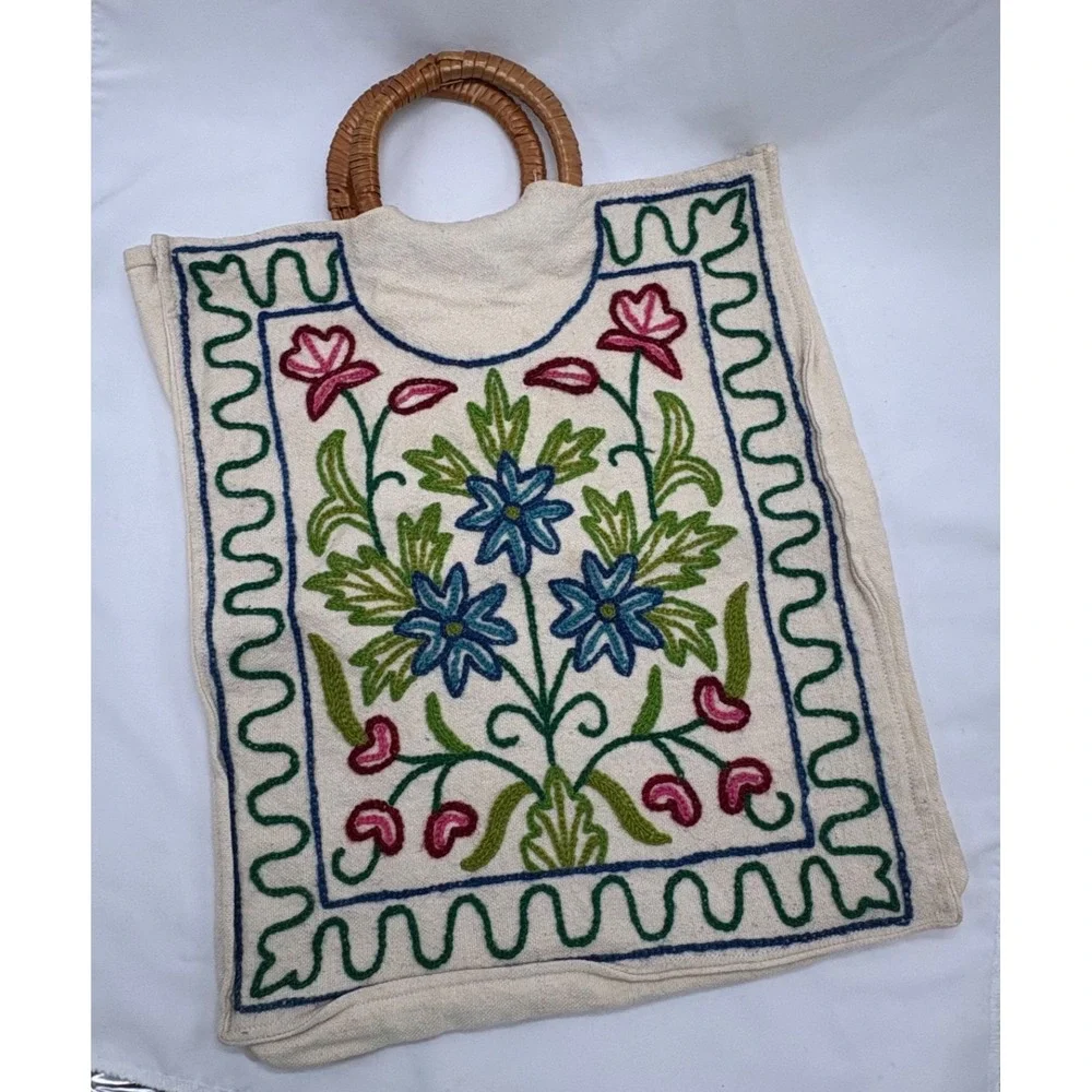 Vintage Boho Embroidered Floral Artisan Tote Bag Round Woven Handle Canvas Purse
